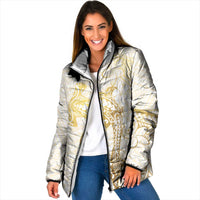 Gold and White Hawaii Padded Jacket Hammerhead Shark Tattoo Curve Polynesian LT14 Women White - Polynesian Pride