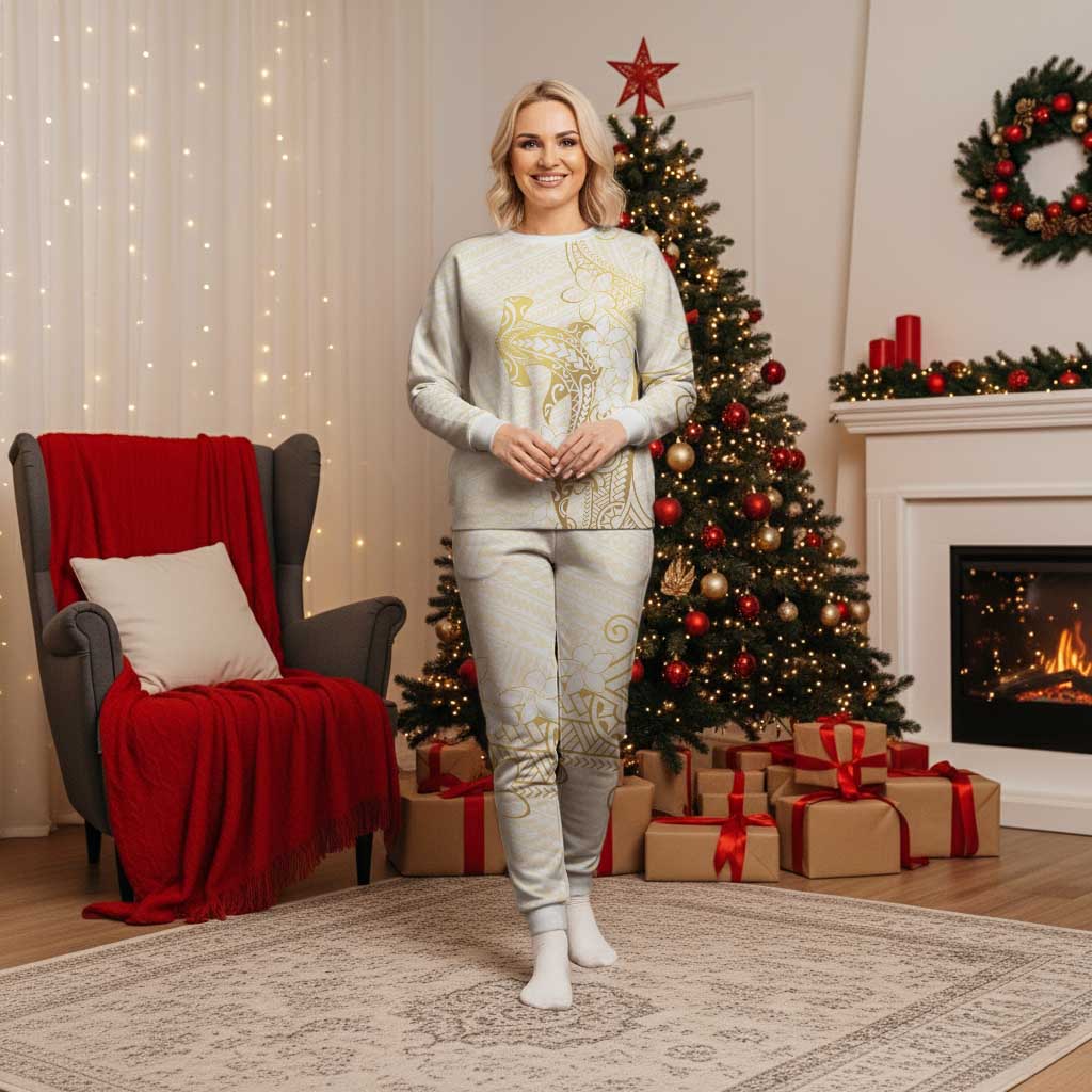 Gold and White Hawaii Christmas Pajama Set Hammerhead Shark Tattoo Curve Polynesian LT14 Women White - Polynesian Pride