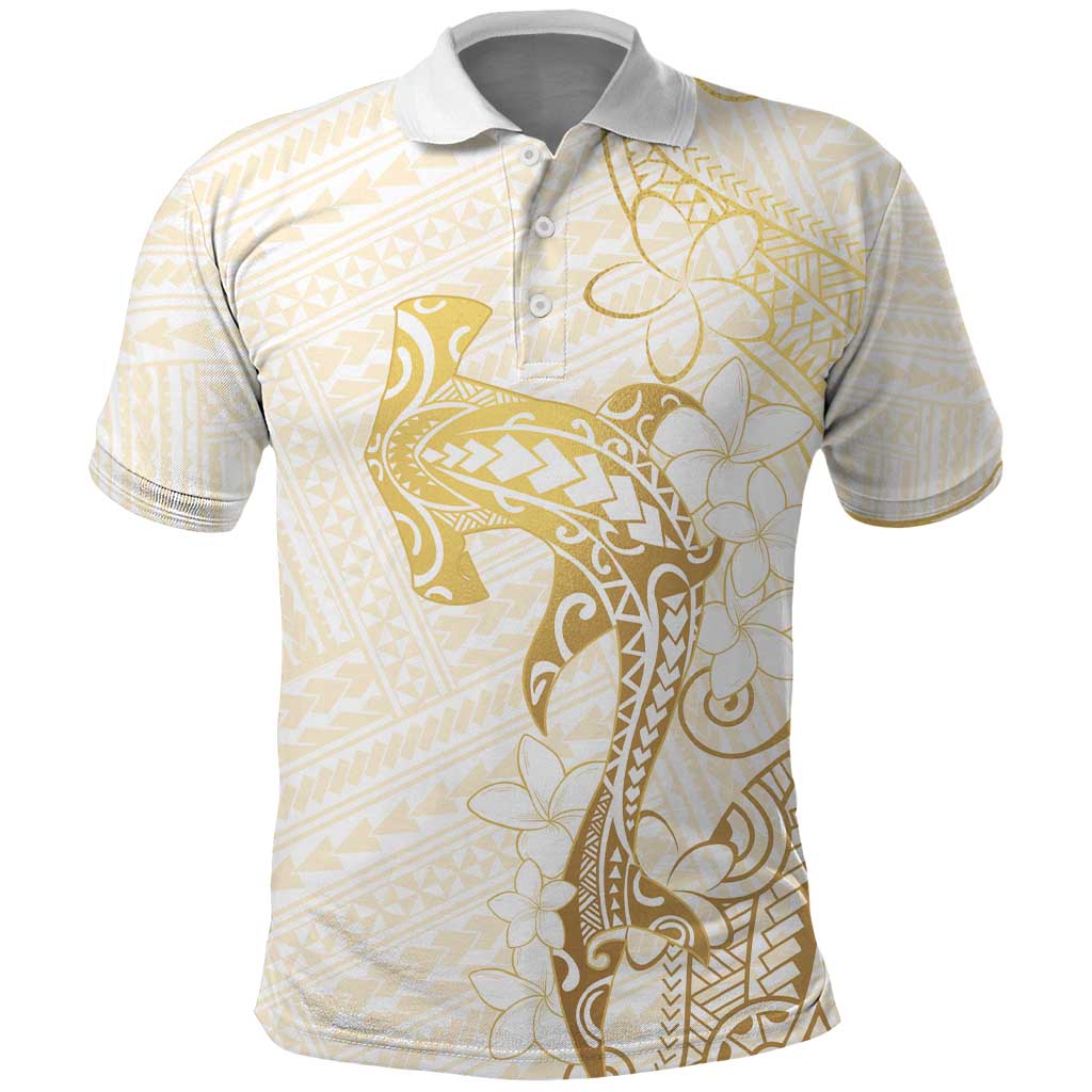 Gold and White Hawaii Polo Shirt Hammerhead Shark Tattoo Curve Polynesian - Polynesian Pride