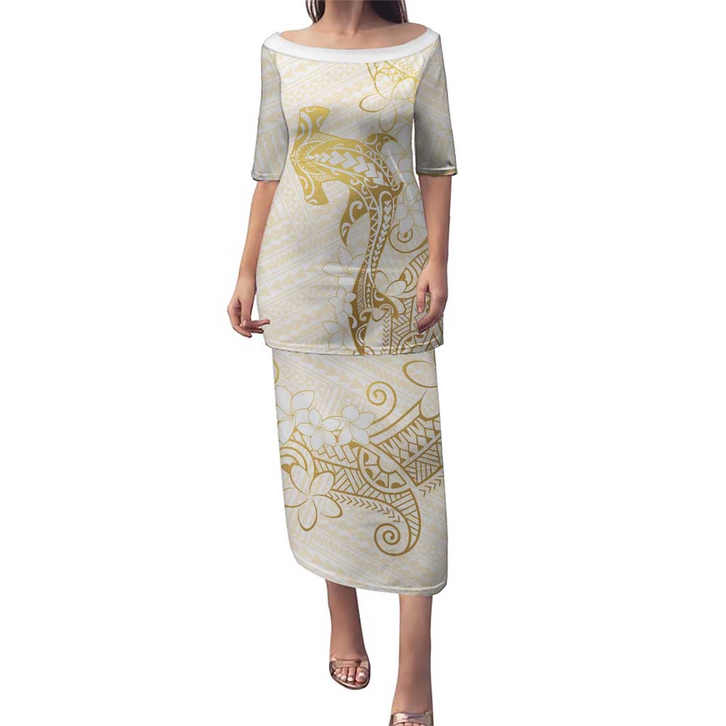 Gold and White Hawaii Puletasi Hammerhead Shark Tattoo Curve Polynesian LT14 Long Dress White - Polynesian Pride