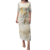 Gold and White Hawaii Puletasi Hammerhead Shark Tattoo Curve Polynesian LT14 Long Dress White - Polynesian Pride