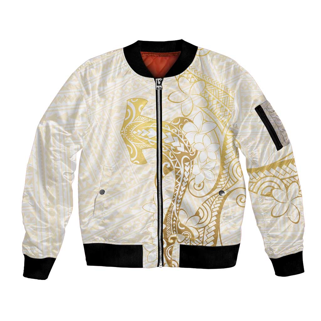 Gold and White Hawaii Sleeve Zip Bomber Jacket Hammerhead Shark Tattoo Curve Polynesian - Polynesian Pride