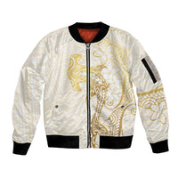 Gold and White Hawaii Sleeve Zip Bomber Jacket Hammerhead Shark Tattoo Curve Polynesian - Polynesian Pride