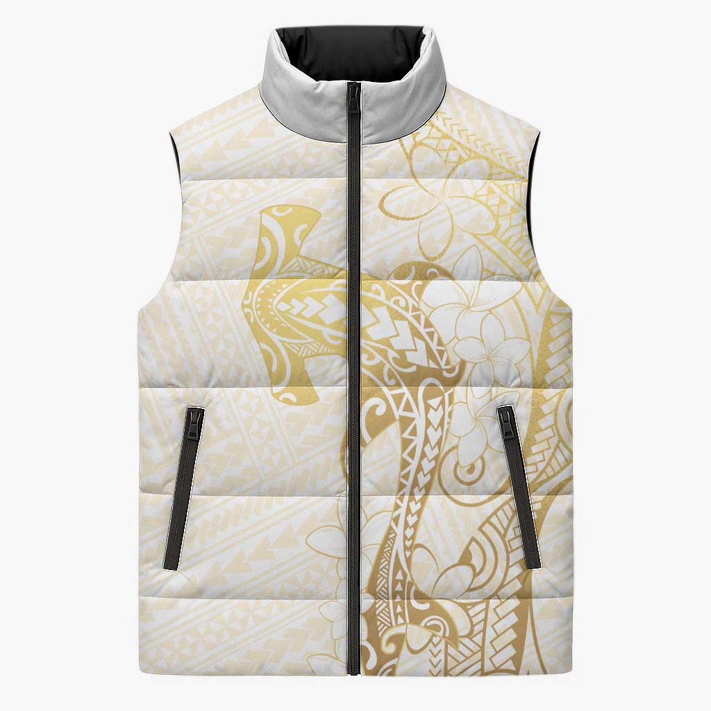 Gold and White Hawaii Sleeveless Puffer Jacket Hammerhead Shark Tattoo Curve Polynesian LT14 Unisex White - Polynesian Pride
