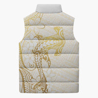 Gold and White Hawaii Sleeveless Puffer Jacket Hammerhead Shark Tattoo Curve Polynesian LT14 - Polynesian Pride