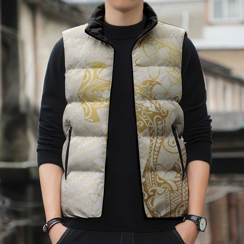 Gold and White Hawaii Sleeveless Puffer Jacket Hammerhead Shark Tattoo Curve Polynesian LT14 - Polynesian Pride