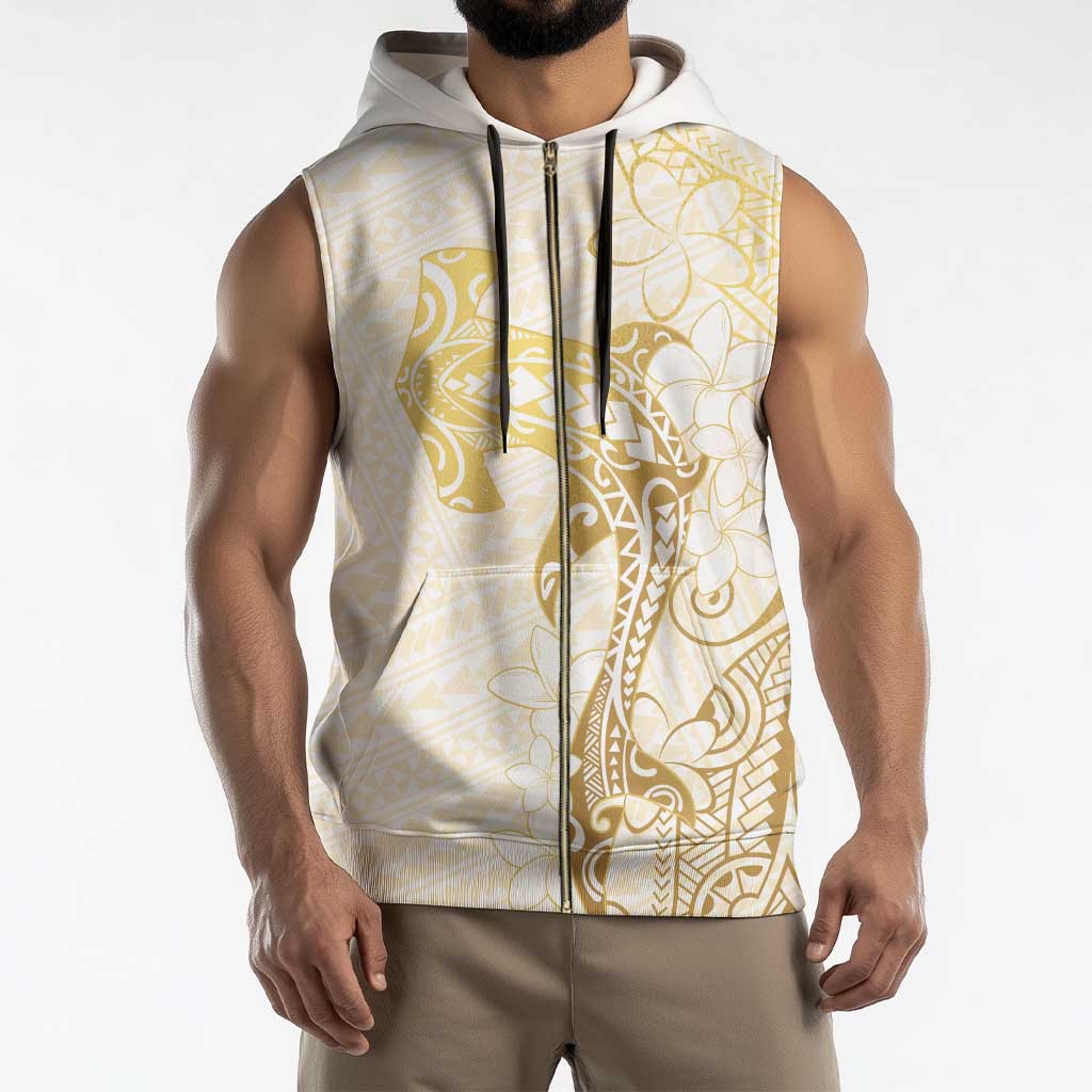 Gold and White Hawaii Sleeveless Zip Hoodie Hammerhead Shark Tattoo Curve Polynesian - Polynesian Pride