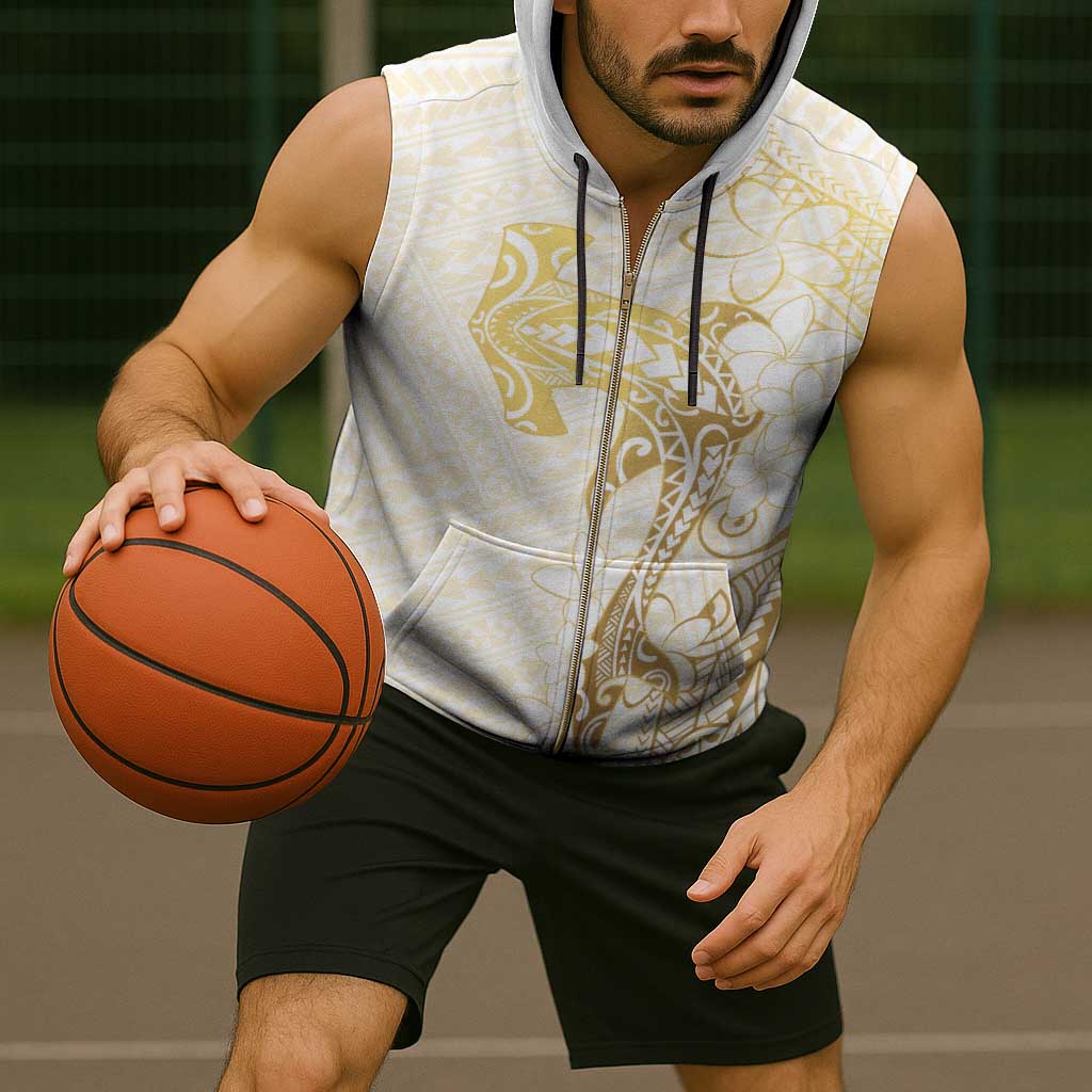 Gold and White Hawaii Sleeveless Zip Hoodie Hammerhead Shark Tattoo Curve Polynesian - Polynesian Pride
