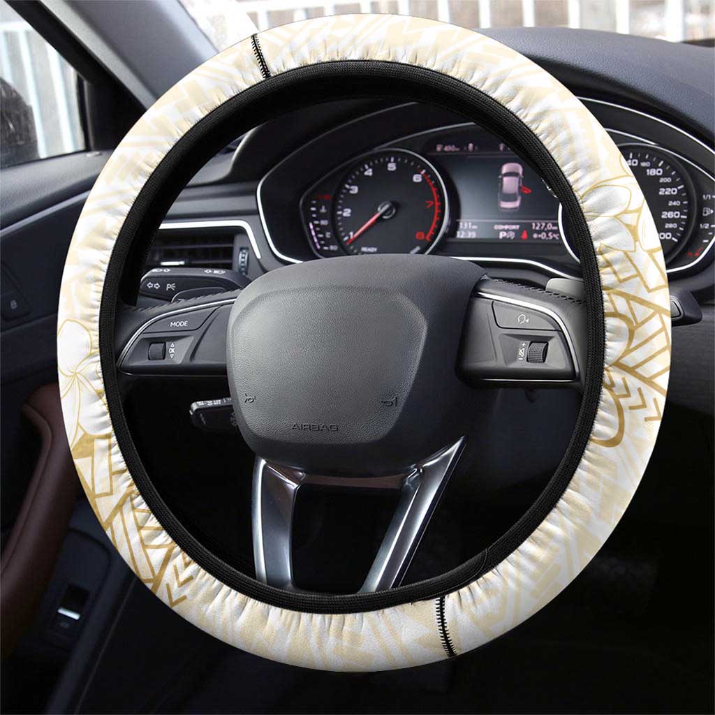 Gold and White Hawaii Steering Wheel Cover Hammerhead Shark Tattoo Curve Polynesian - Polynesian Pride