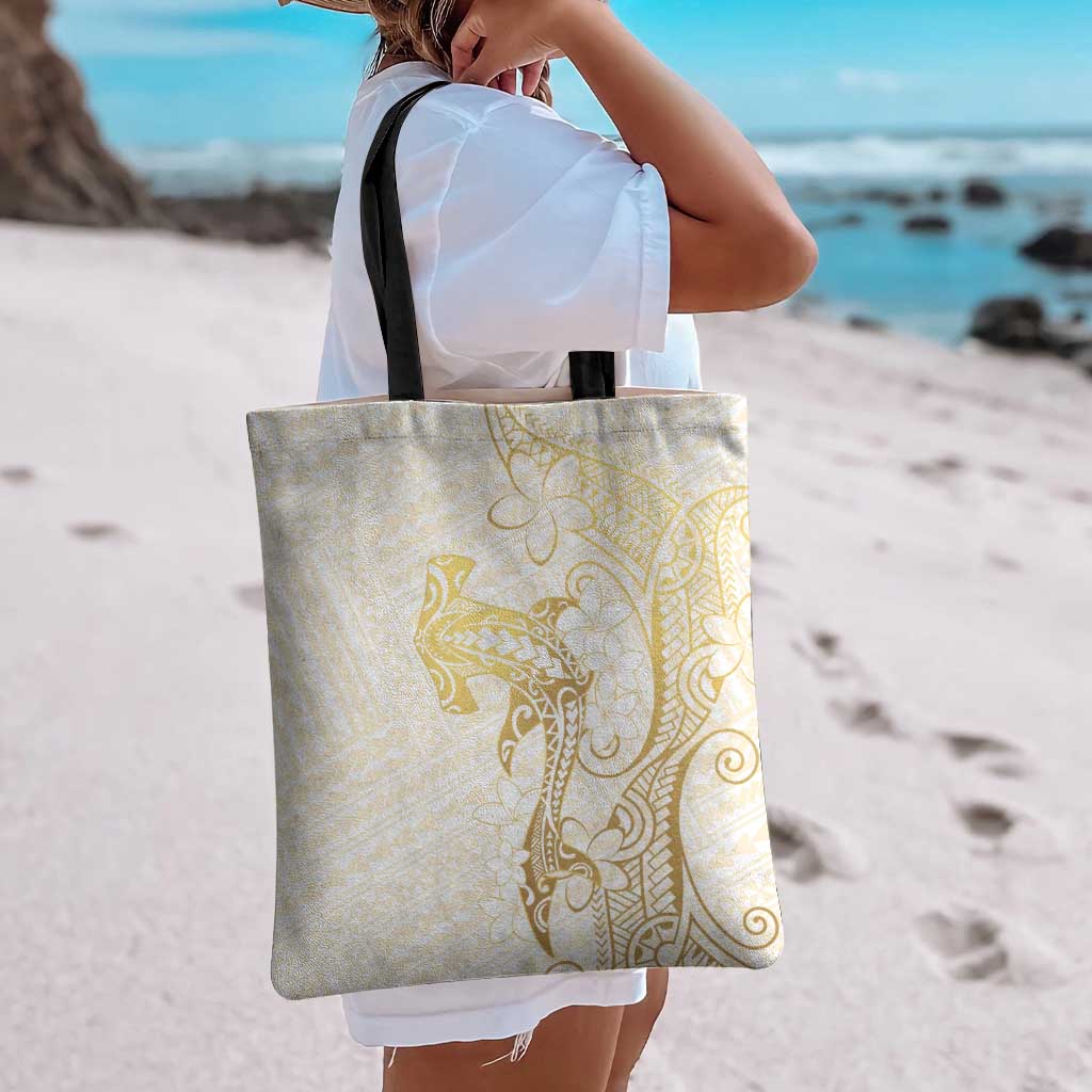 Gold and White Hawaii Tote Bag Hammerhead Shark Tattoo Curve Polynesian - Polynesian Pride