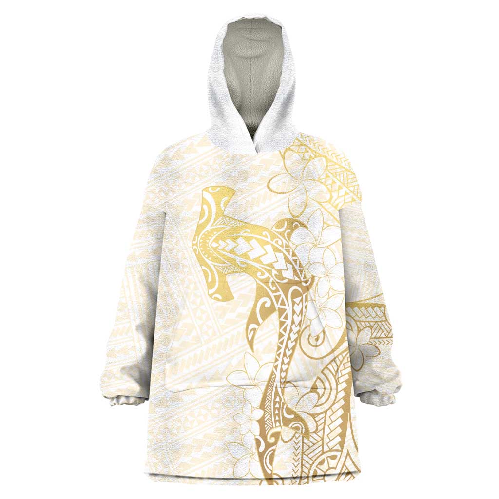 Gold and White Hawaii Wearable Blanket Hoodie Hammerhead Shark Tattoo Curve Polynesian LT14 One Size White - Polynesian Pride