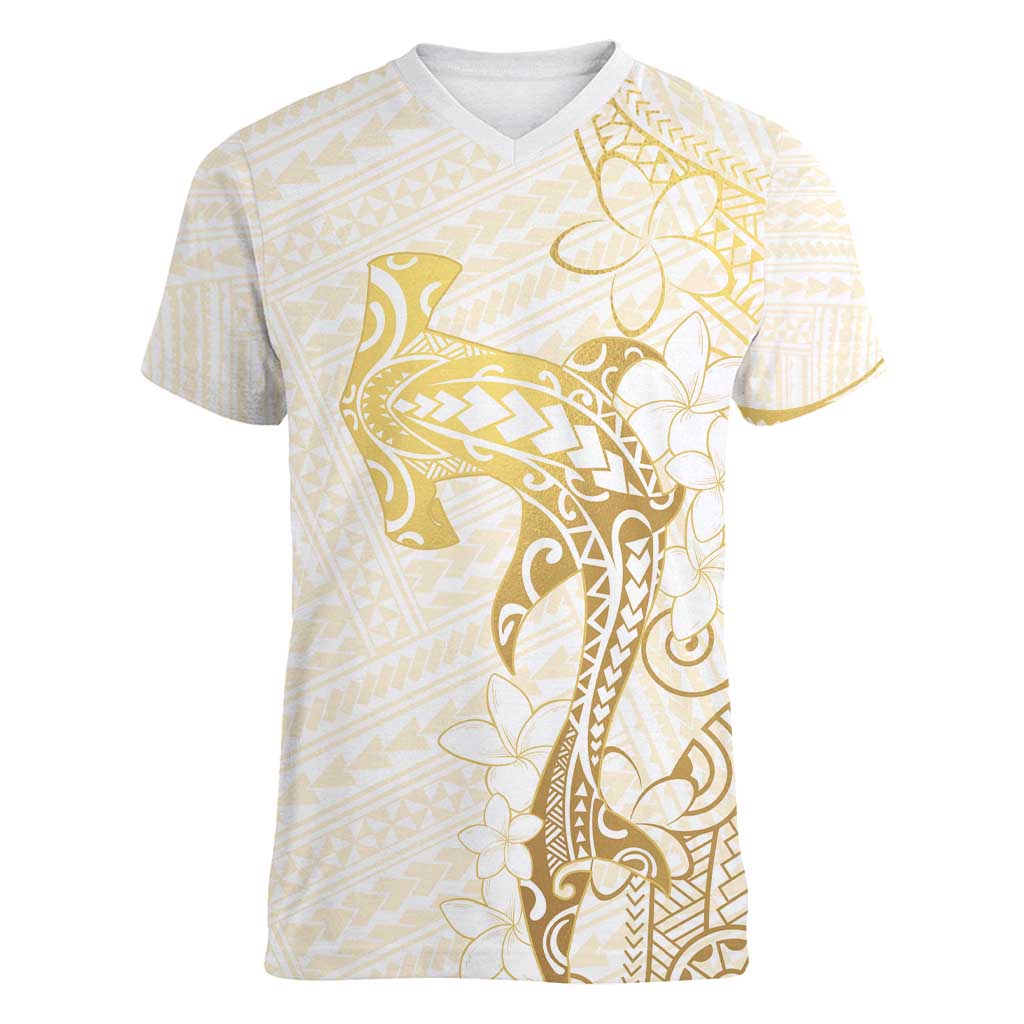 Gold and White Hawaii Women V-Neck T-Shirt Hammerhead Shark Tattoo Curve Polynesian - Polynesian Pride