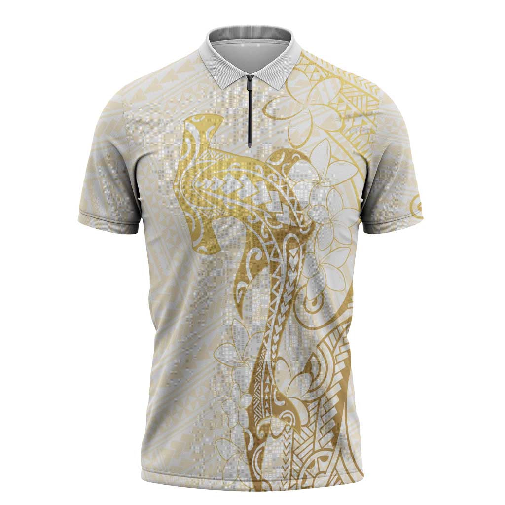 Gold and White Hawaii Zipper Polo Shirt Hammerhead Shark Tattoo Curve Polynesian LT14 White - Polynesian Pride