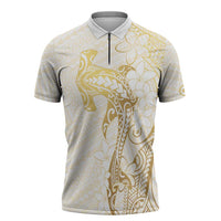 Gold and White Hawaii Zipper Polo Shirt Hammerhead Shark Tattoo Curve Polynesian LT14 White - Polynesian Pride