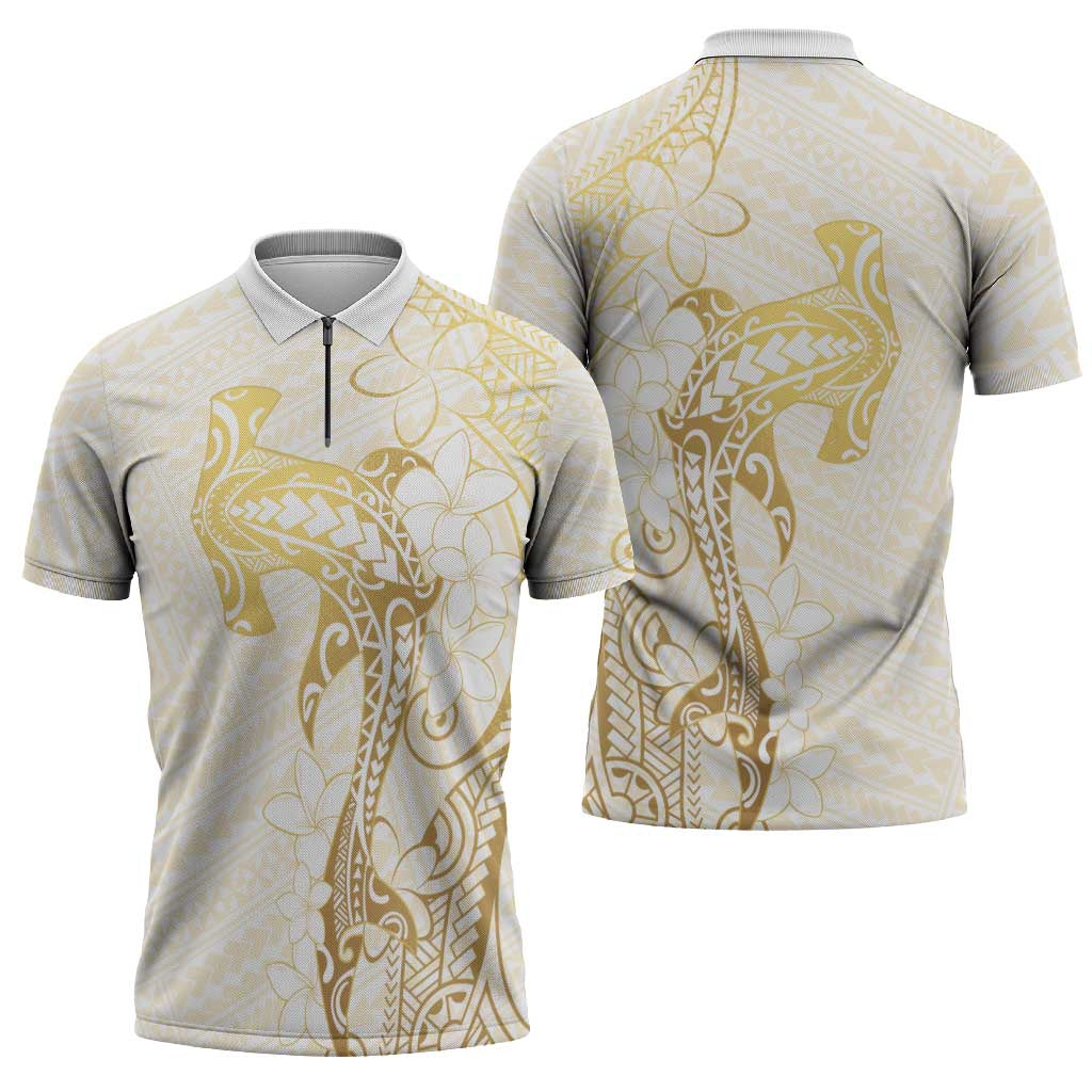 Gold and White Hawaii Zipper Polo Shirt Hammerhead Shark Tattoo Curve Polynesian LT14 - Polynesian Pride