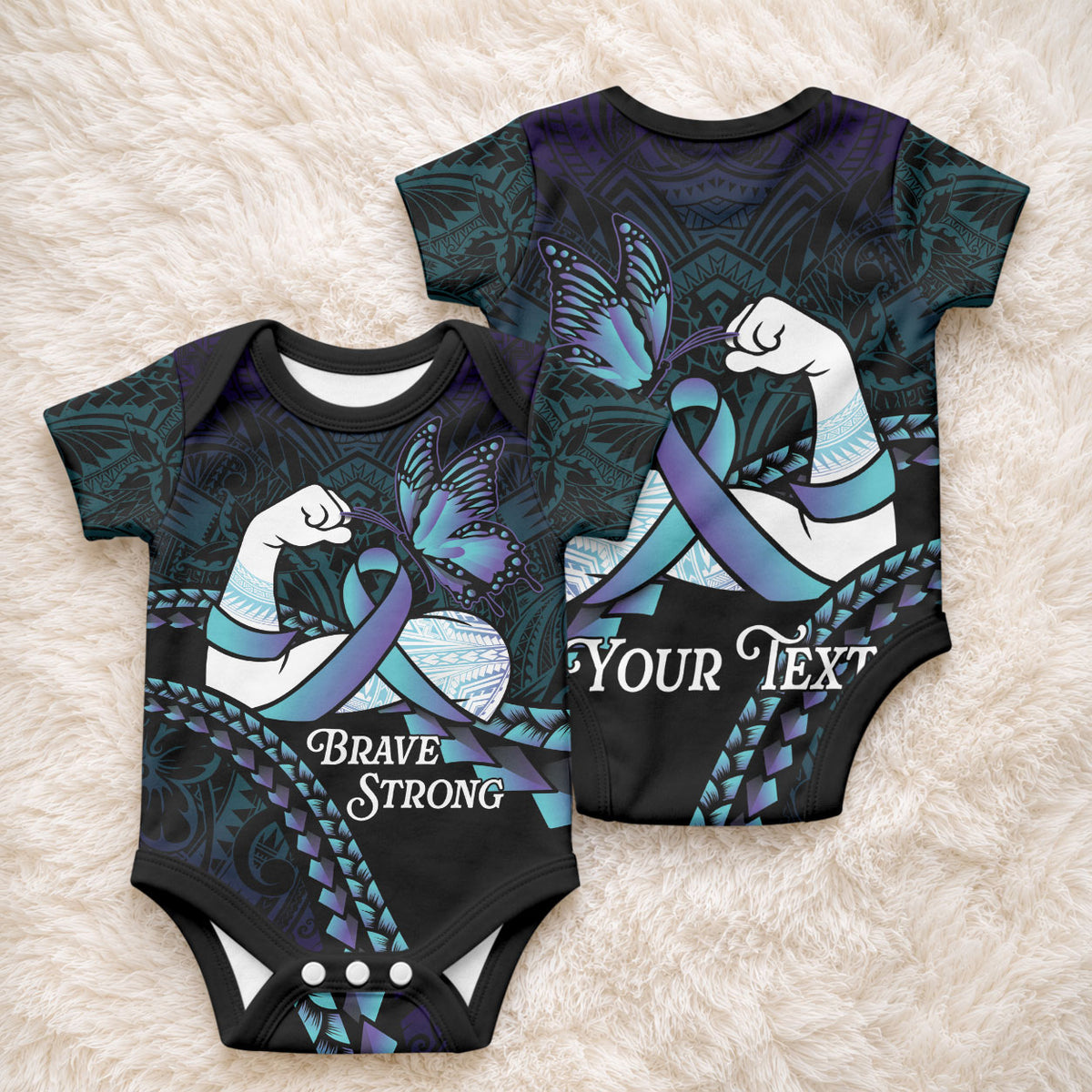 Personalised Polynesia Suicide Prevention Month Baby Onesie Brave Strong Butterfly Teal Purple Ribbon