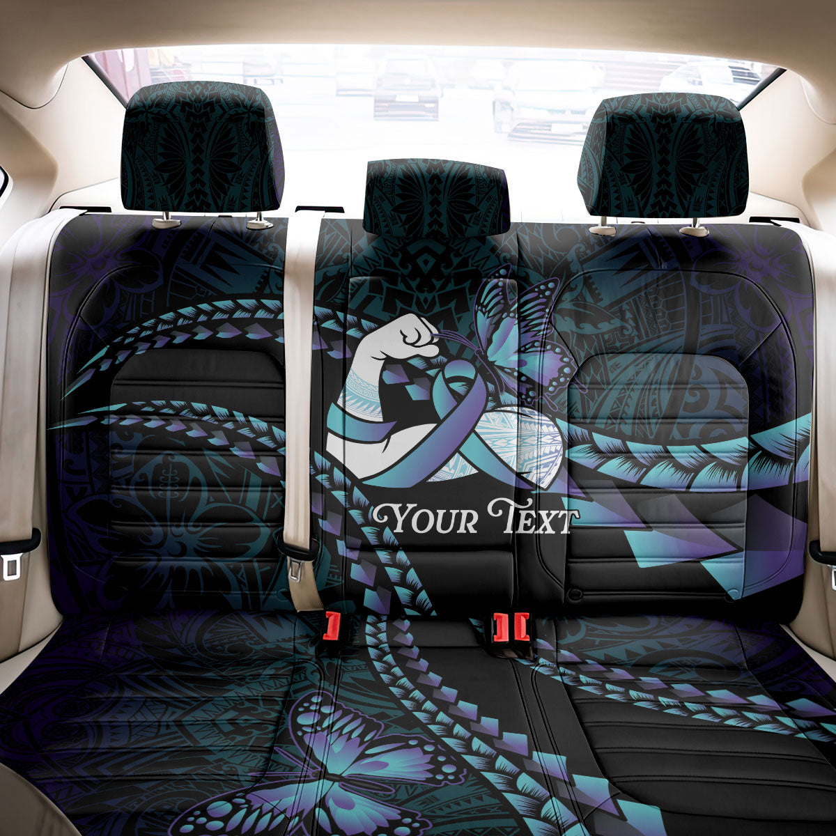 Personalised Polynesia Suicide Prevention Month Back Car Seat Cover Brave Strong Butterfly Teal Purple Ribbon LT14 - Polynesian Pride