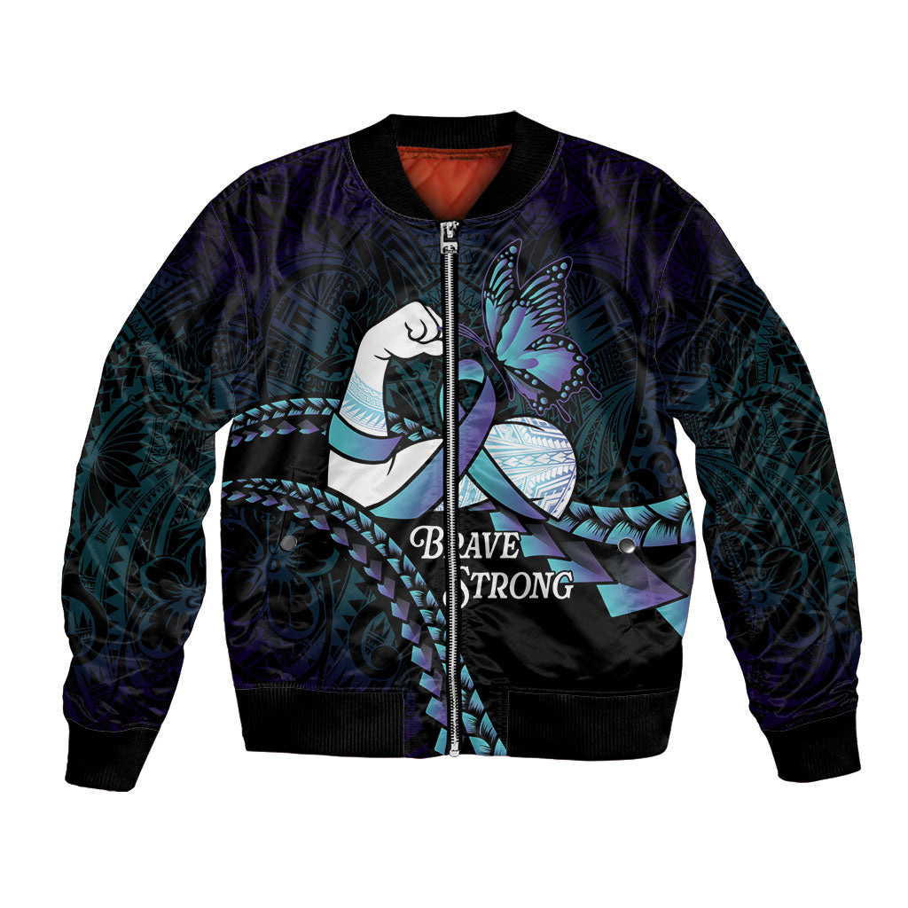 Personalised Polynesia Suicide Prevention Month Bomber Jacket Brave Strong Butterfly Teal Purple Ribbon LT14 Unisex Purple - Polynesian Pride