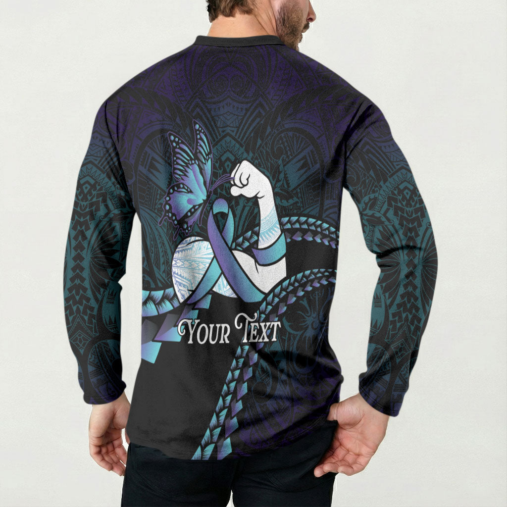 Personalised Polynesia Suicide Prevention Month Button Sweatshirt Brave Strong Butterfly Teal Purple Ribbon LT14 - Polynesian Pride