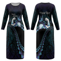 Personalised Polynesia Suicide Prevention Month Couples Matching Long Sleeve Bodycon Dress and Hawaiian Shirt Brave Strong Butterfly Teal Purple Ribbon LT14 - Polynesian Pride