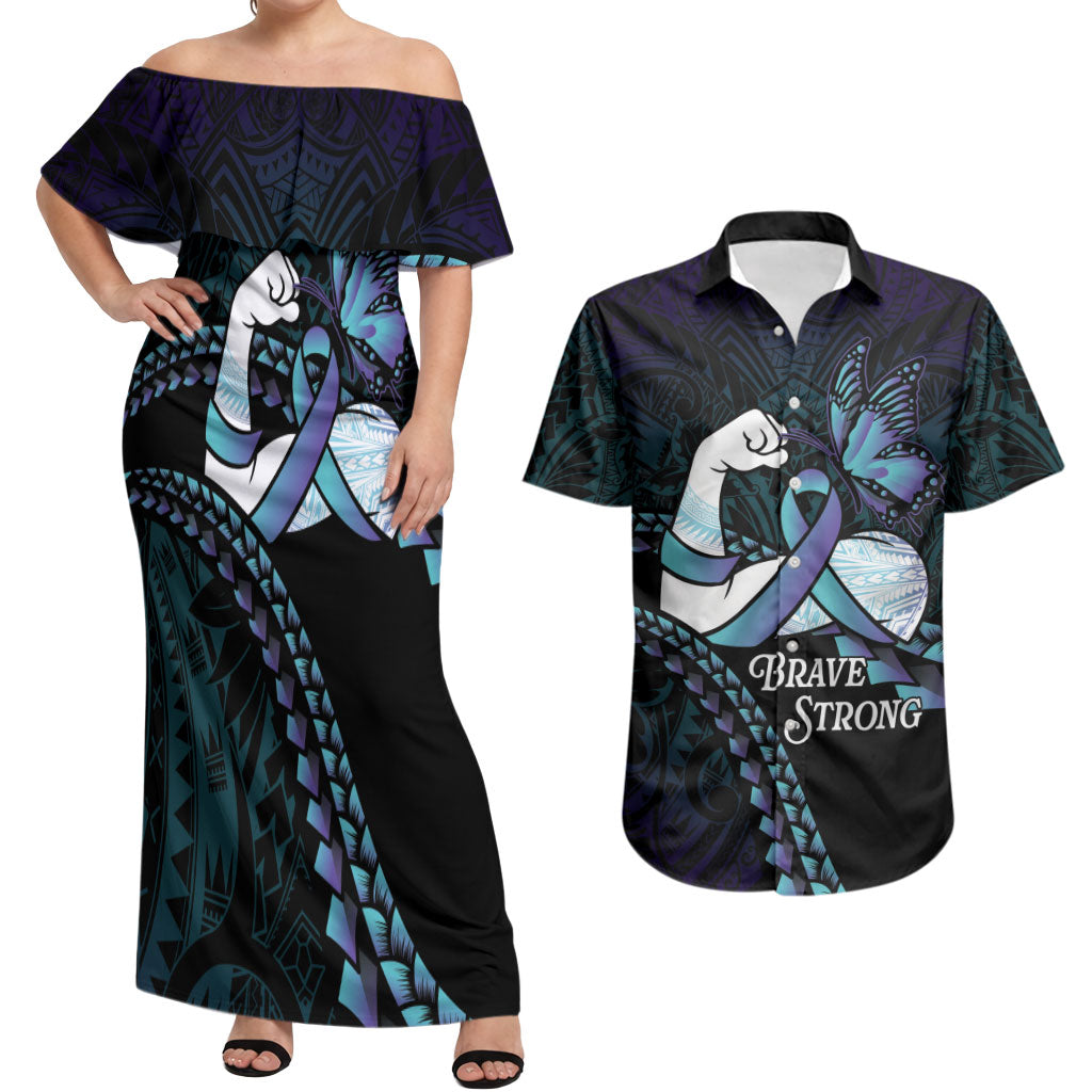 Personalised Polynesia Suicide Prevention Month Couples Matching Off Shoulder Maxi Dress and Hawaiian Shirt Brave Strong Butterfly Teal Purple Ribbon LT14 Purple - Polynesian Pride