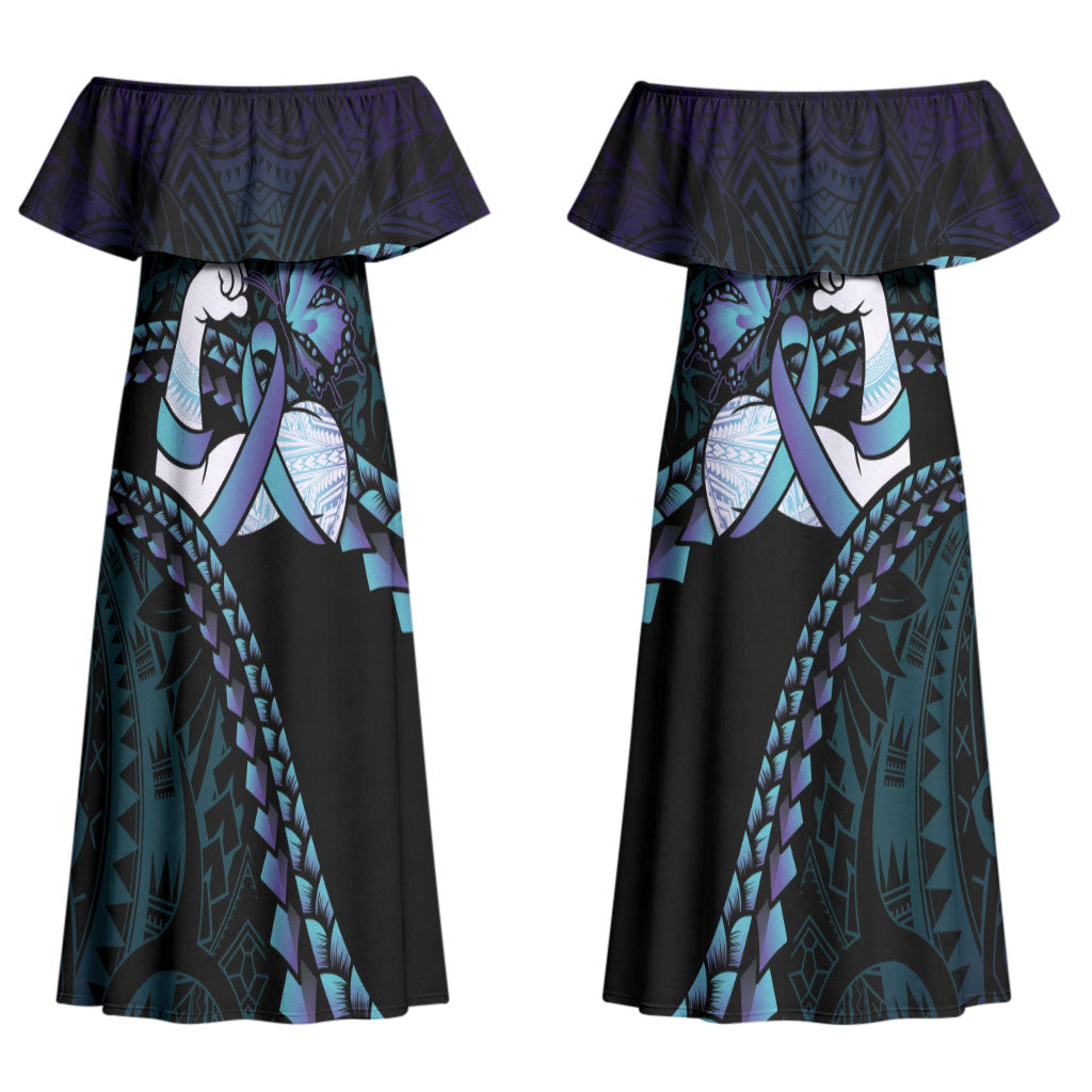 Personalised Polynesia Suicide Prevention Month Couples Matching Off Shoulder Maxi Dress and Hawaiian Shirt Brave Strong Butterfly Teal Purple Ribbon LT14 - Polynesian Pride