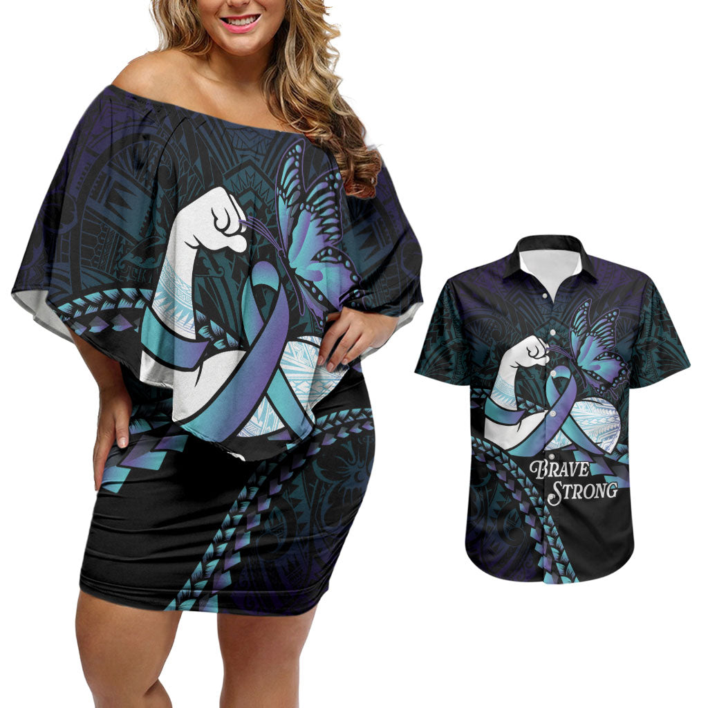Personalised Polynesia Suicide Prevention Month Couples Matching Off Shoulder Short Dress and Hawaiian Shirt Brave Strong Butterfly Teal Purple Ribbon LT14 Purple - Polynesian Pride