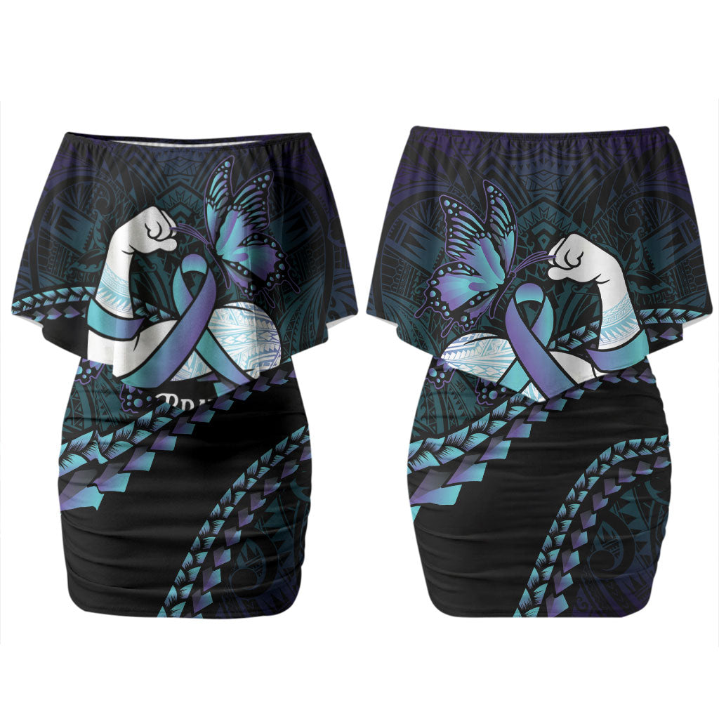 Personalised Polynesia Suicide Prevention Month Couples Matching Off Shoulder Short Dress and Hawaiian Shirt Brave Strong Butterfly Teal Purple Ribbon LT14 - Polynesian Pride
