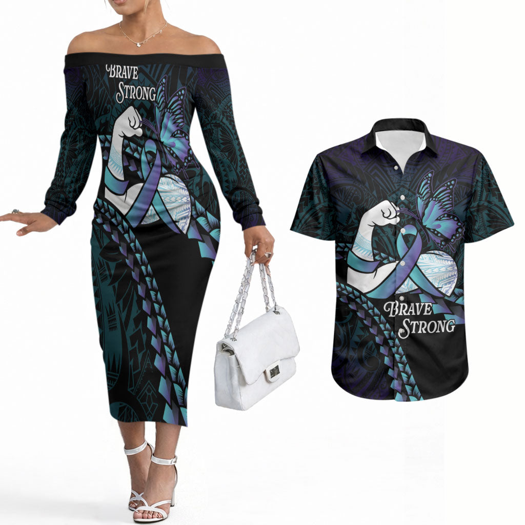Personalised Polynesia Suicide Prevention Month Couples Matching Off The Shoulder Long Sleeve Dress and Hawaiian Shirt Brave Strong Butterfly Teal Purple Ribbon LT14 Purple - Polynesian Pride