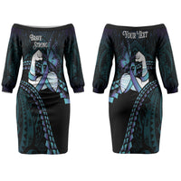 Personalised Polynesia Suicide Prevention Month Couples Matching Off The Shoulder Long Sleeve Dress and Hawaiian Shirt Brave Strong Butterfly Teal Purple Ribbon LT14 - Polynesian Pride