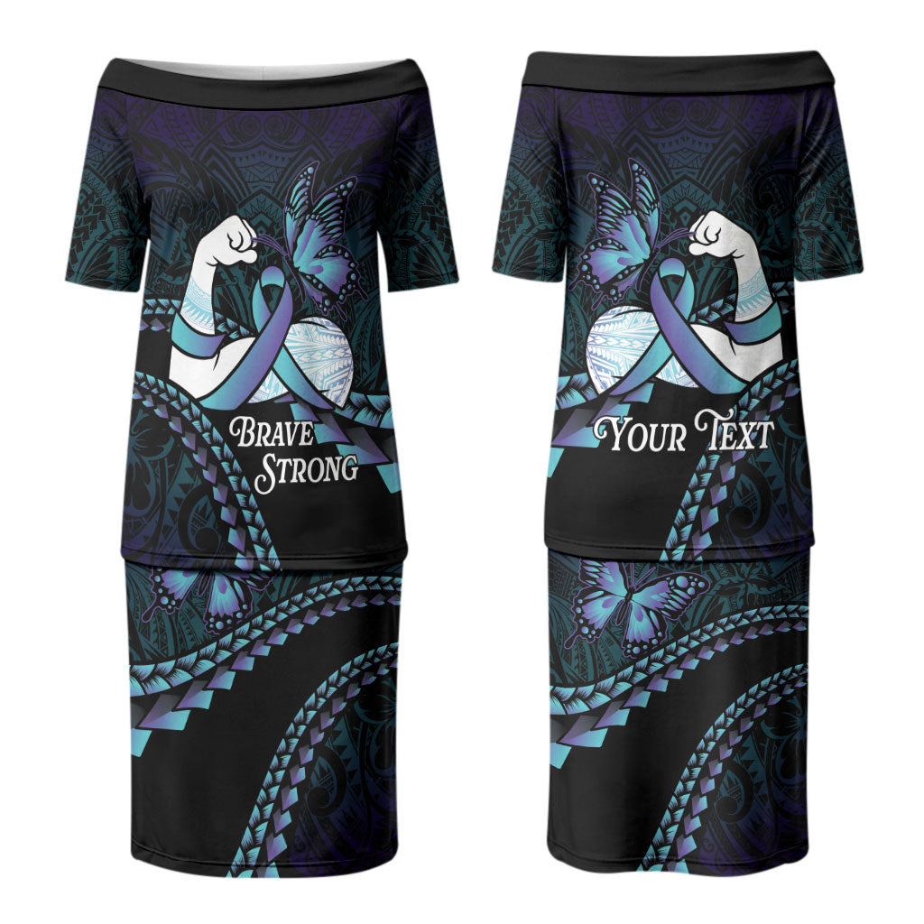 Personalised Polynesia Suicide Prevention Month Couples Matching Puletasi and Long Sleeve Button Shirt Brave Strong Butterfly Teal Purple Ribbon LT14 - Polynesian Pride
