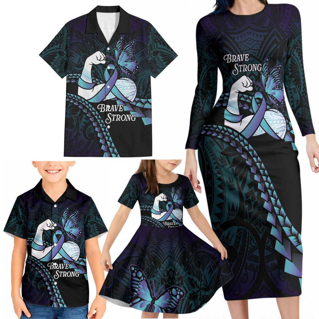 Personalised Polynesia Suicide Prevention Month Family Matching Long Sleeve Bodycon Dress and Hawaiian Shirt Brave Strong Butterfly Teal Purple Ribbon LT14 - Polynesian Pride