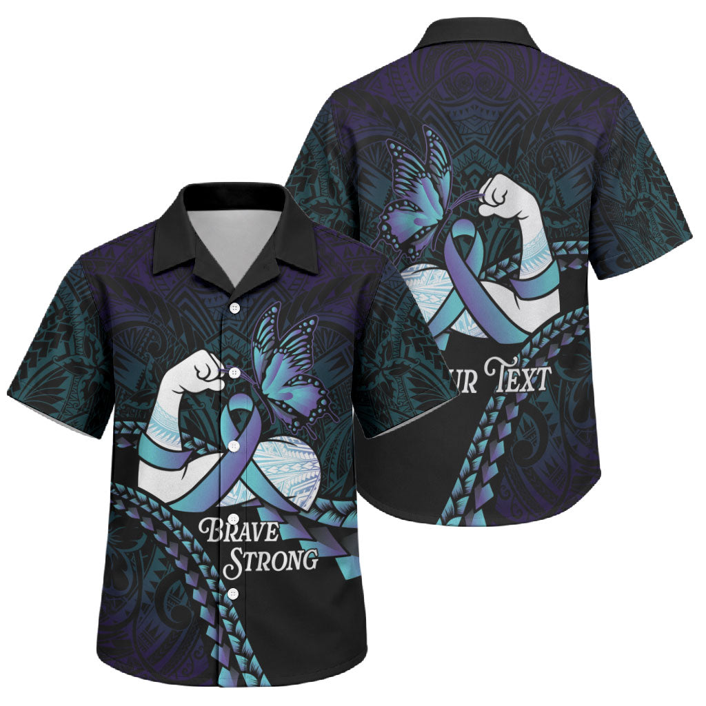 Personalised Polynesia Suicide Prevention Month Family Matching Off Shoulder Short Dress and Hawaiian Shirt Brave Strong Butterfly Teal Purple Ribbon LT14 Son's Shirt Purple - Polynesian Pride