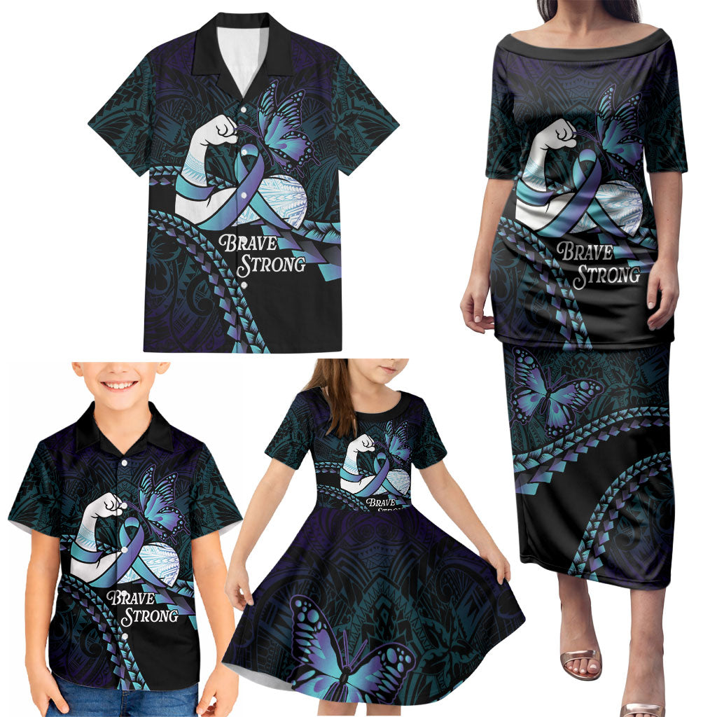 Personalised Polynesia Suicide Prevention Month Family Matching Puletasi and Hawaiian Shirt Brave Strong Butterfly Teal Purple Ribbon LT14 - Polynesian Pride
