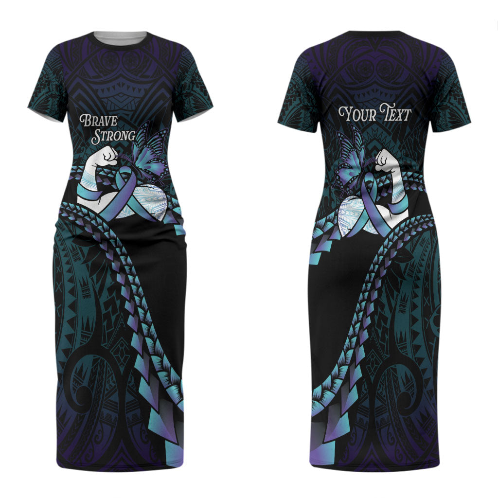 Personalised Polynesia Suicide Prevention Month Family Matching Short Sleeve Bodycon Dress and Hawaiian Shirt Brave Strong Butterfly Teal Purple Ribbon LT14 Mom's Dress Purple - Polynesian Pride