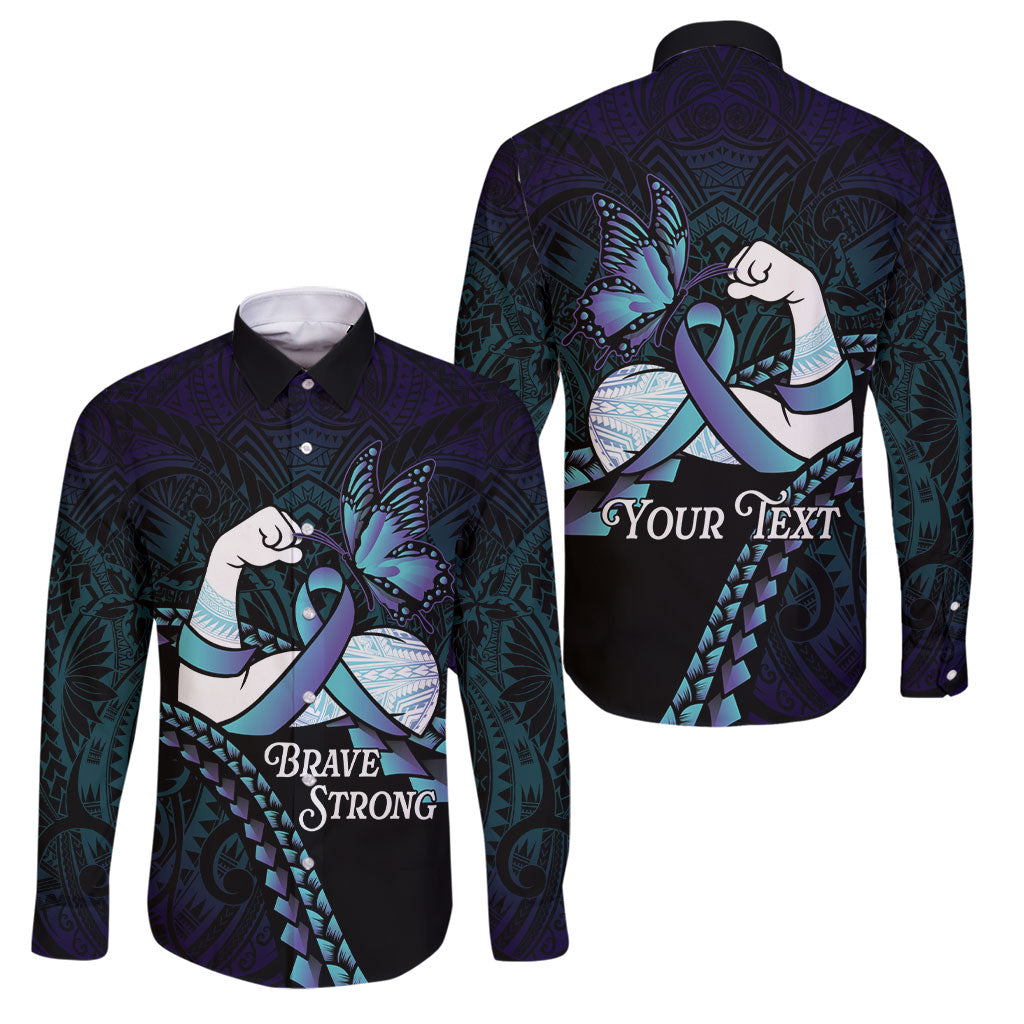 Personalised Polynesia Suicide Prevention Month Family Matching Short Sleeve Bodycon Dress and Hawaiian Shirt Brave Strong Butterfly Teal Purple Ribbon LT14 Dad's Shirt - Long Sleeve Purple - Polynesian Pride