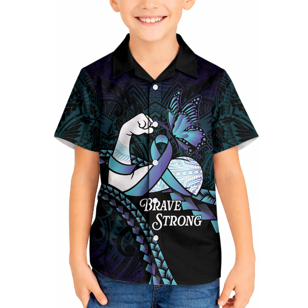 Personalised Polynesia Suicide Prevention Month Kid Hawaiian Shirt Brave Strong Butterfly Teal Purple Ribbon LT14 Kid Purple - Polynesian Pride
