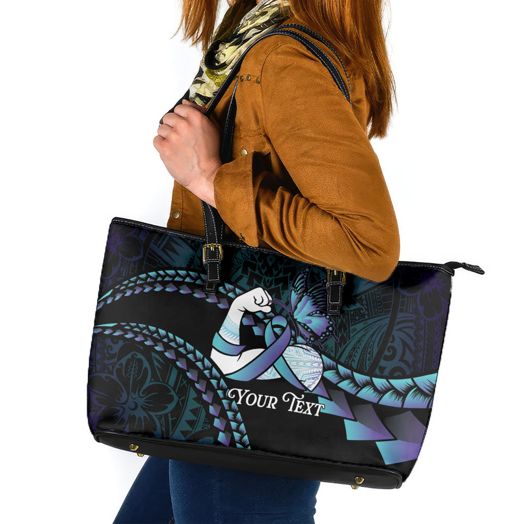 Personalised Polynesia Suicide Prevention Month Leather Tote Bag Brave Strong Butterfly Teal Purple Ribbon LT14 Purple - Polynesian Pride