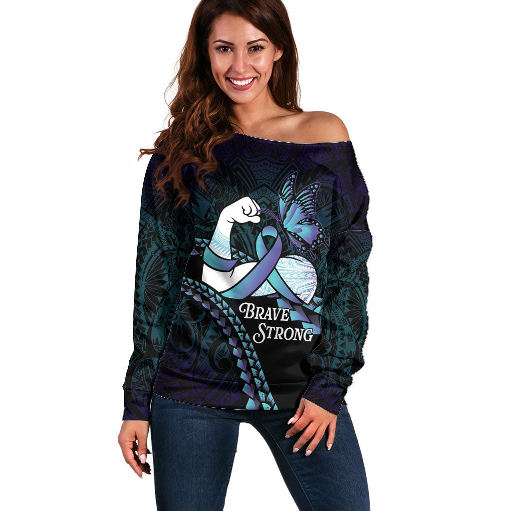 Personalised Polynesia Suicide Prevention Month Off Shoulder Sweater Brave Strong Butterfly Teal Purple Ribbon LT14 Women Purple - Polynesian Pride