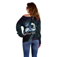 Personalised Polynesia Suicide Prevention Month Off Shoulder Sweater Brave Strong Butterfly Teal Purple Ribbon LT14 - Polynesian Pride