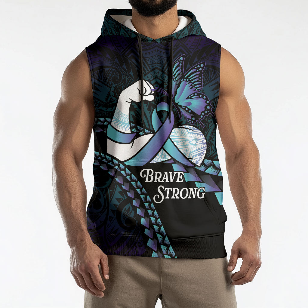 Personalised Polynesia Suicide Prevention Month Sleeveless Hoodie Brave Strong Butterfly Teal Purple Ribbon LT14 - Polynesian Pride