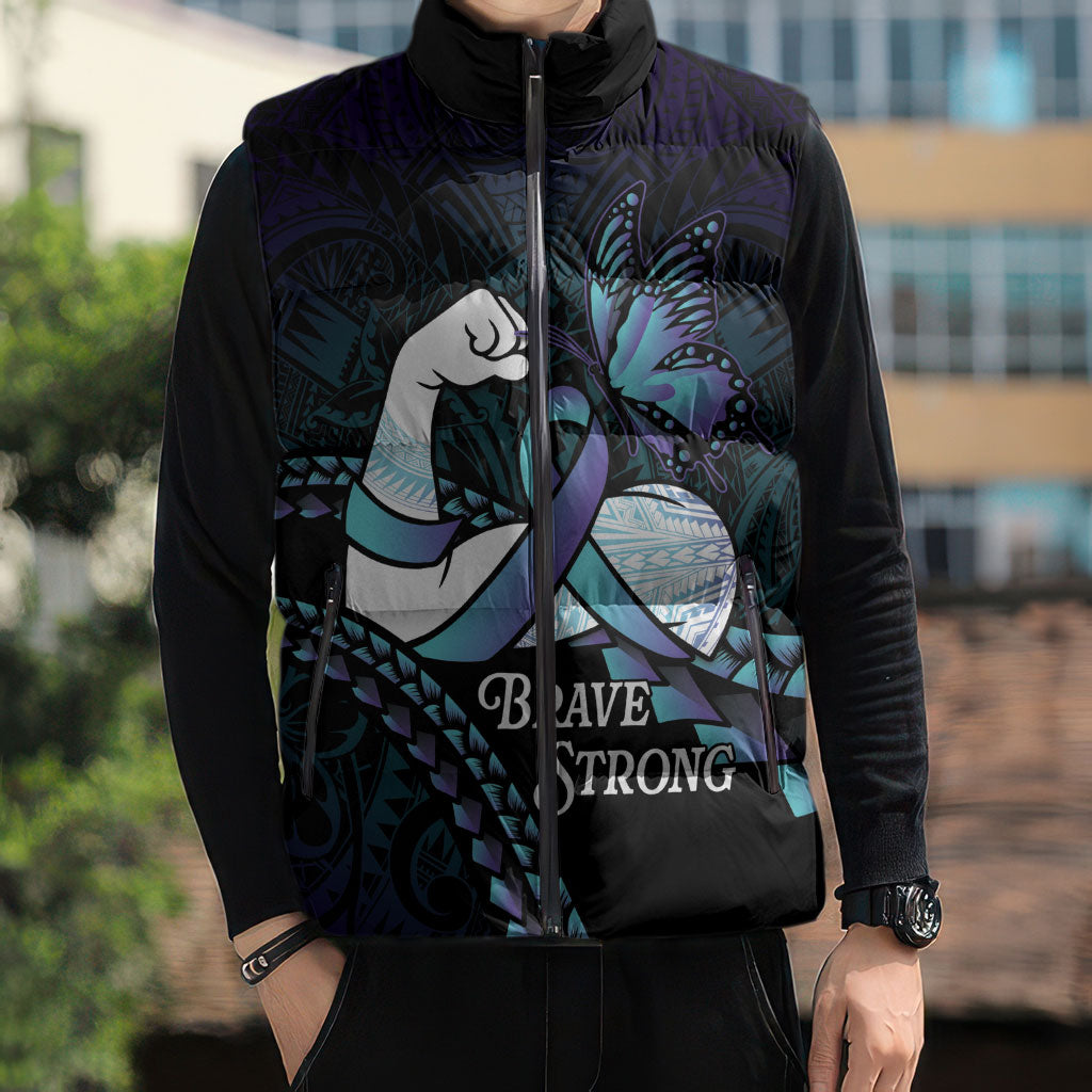 Personalised Polynesia Suicide Prevention Month Sleeveless Puffer Jacket Brave Strong Butterfly Teal Purple Ribbon LT14 - Polynesian Pride