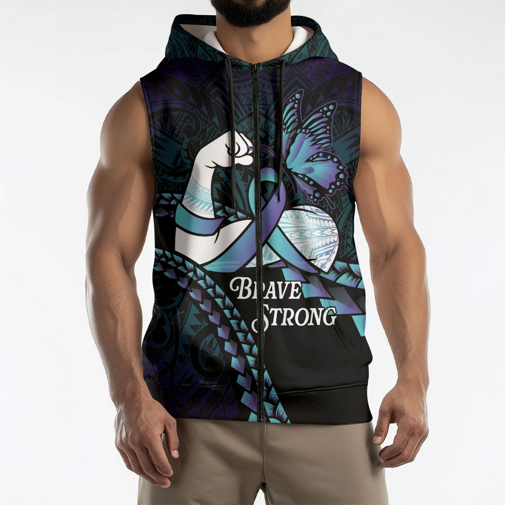 Personalised Polynesia Suicide Prevention Month Sleeveless Zip Hoodie Brave Strong Butterfly Teal Purple Ribbon LT14 - Polynesian Pride