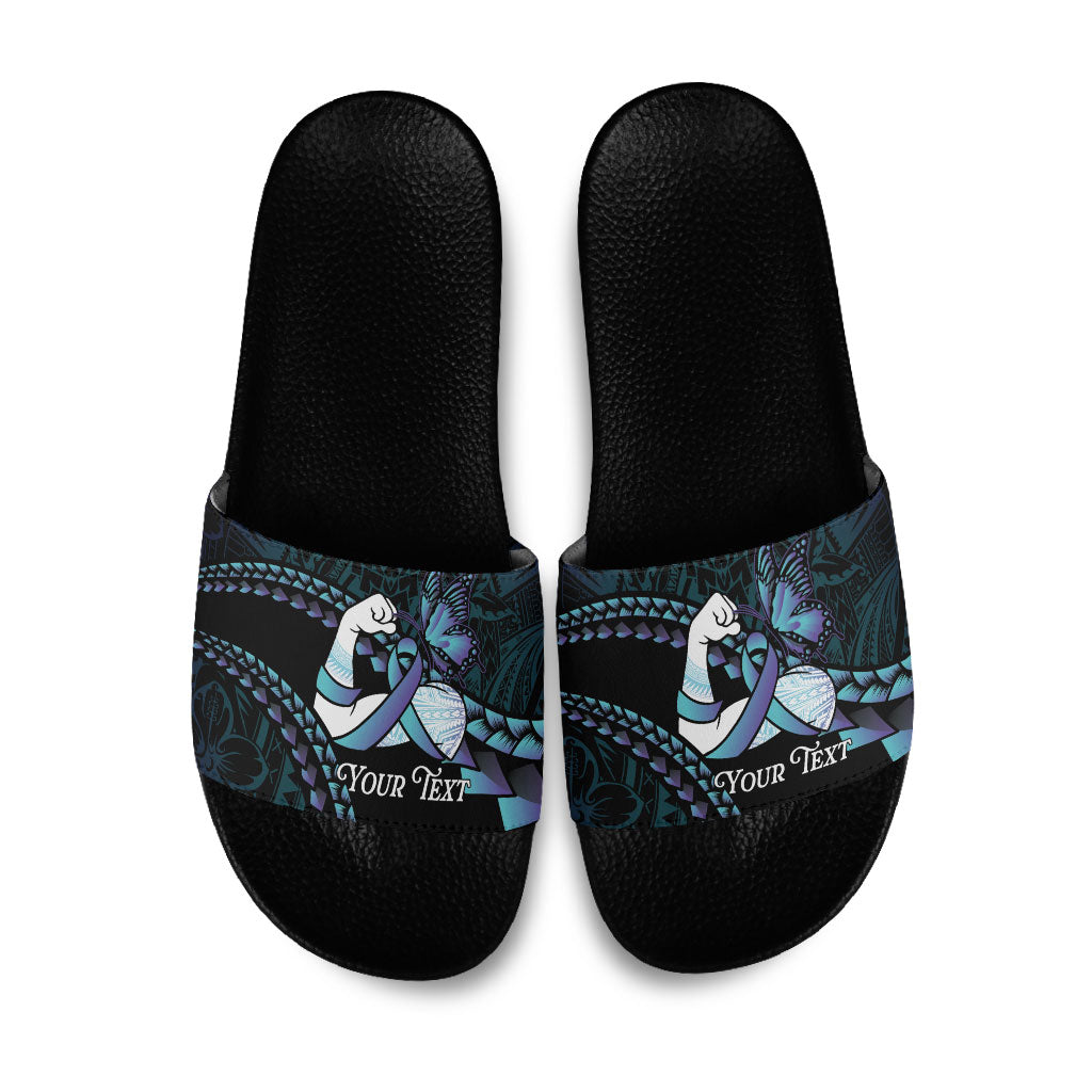 Personalised Polynesia Suicide Prevention Month Slide Sandals Brave Strong Butterfly Teal Purple Ribbon LT14 Purple - Polynesian Pride