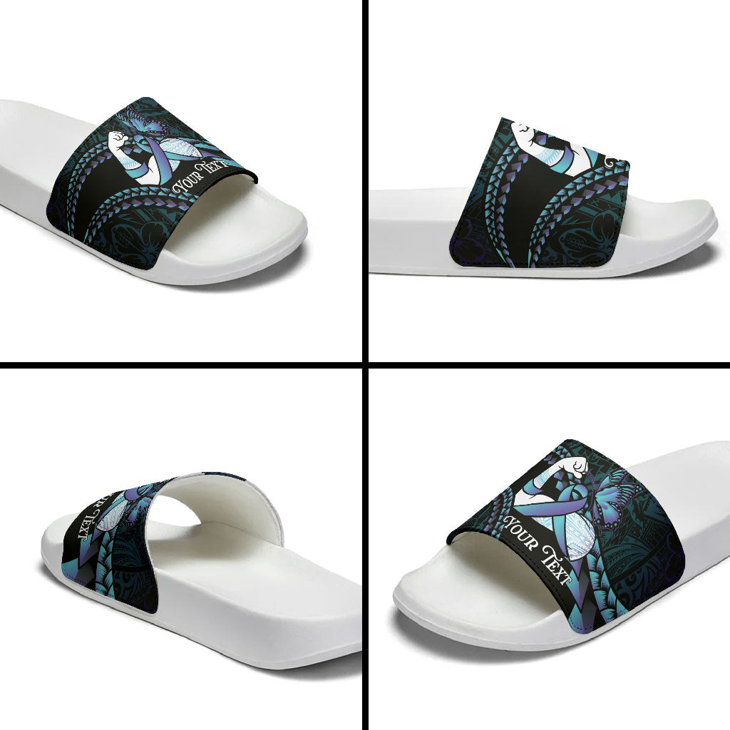 Personalised Polynesia Suicide Prevention Month Slide Sandals Brave Strong Butterfly Teal Purple Ribbon LT14 - Polynesian Pride