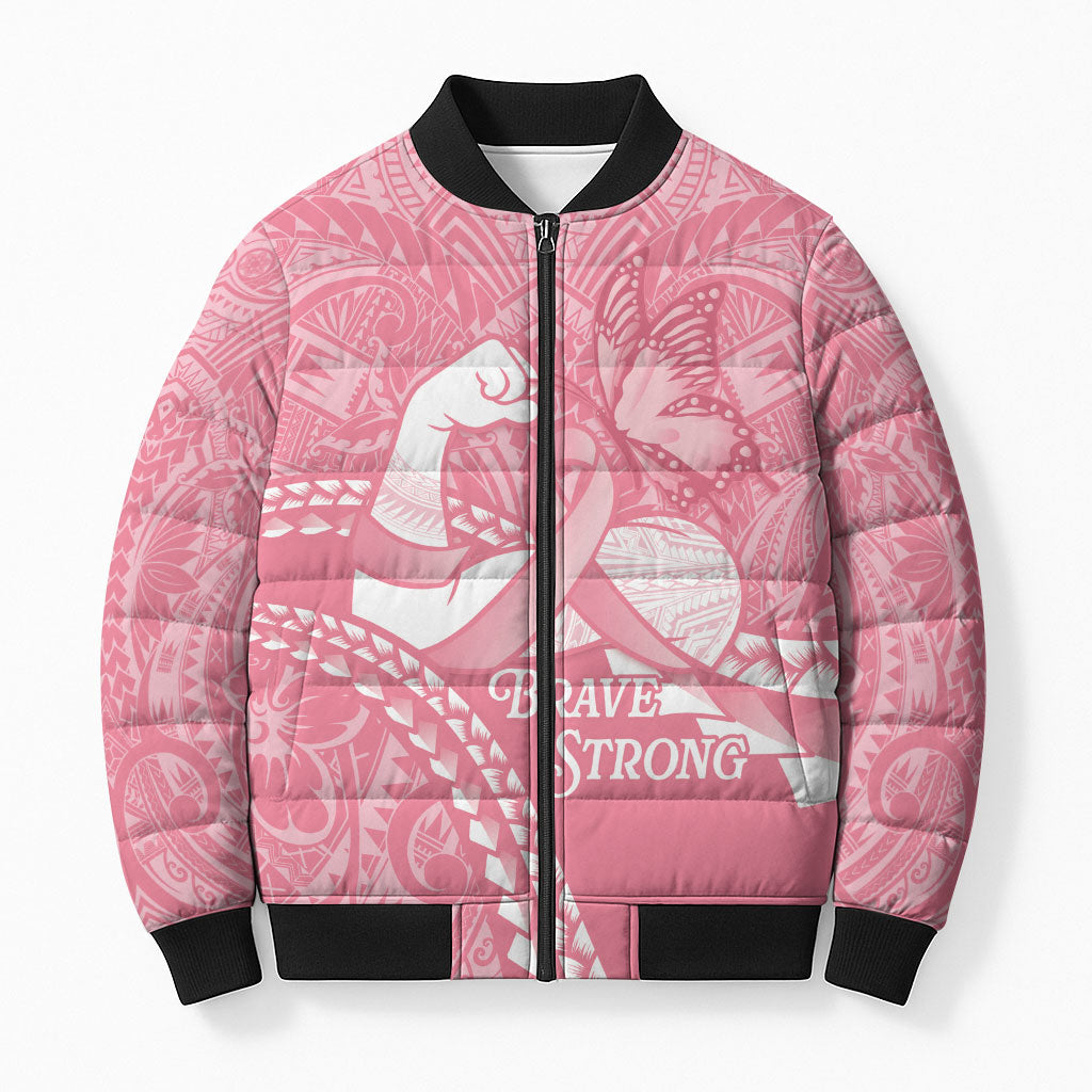 Personalised Polynesia Breast Cancer Awareness Bomber Puffer Jacket Brave Strong Butterfly Pink Ribbon LT14 Unisex Pink - Polynesian Pride