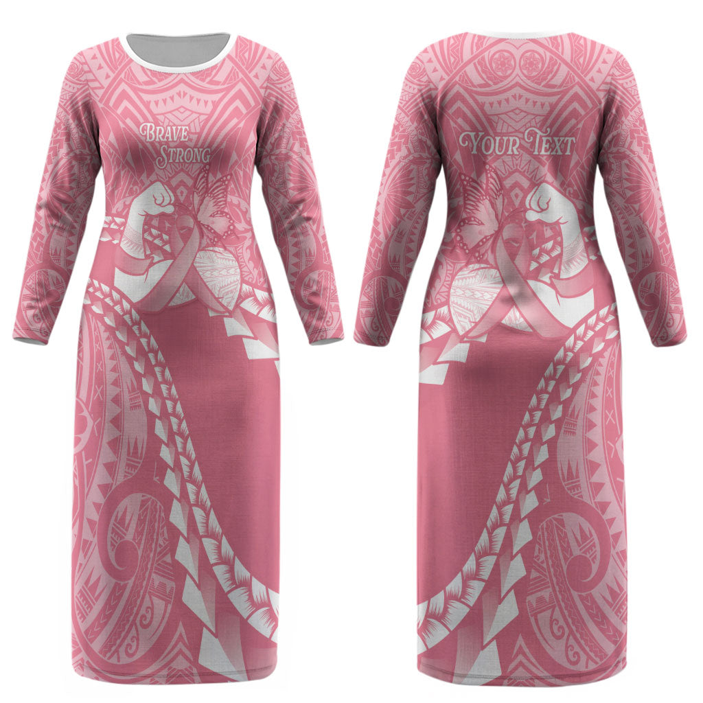 Personalised Polynesia Breast Cancer Awareness Couples Matching Long Sleeve Bodycon Dress and Hawaiian Shirt Brave Strong Butterfly Pink Ribbon LT14 - Polynesian Pride