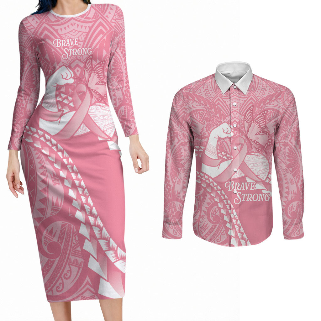 Personalised Polynesia Breast Cancer Awareness Couples Matching Long Sleeve Bodycon Dress and Long Sleeve Button Shirt Brave Strong Butterfly Pink Ribbon LT14 Pink - Polynesian Pride