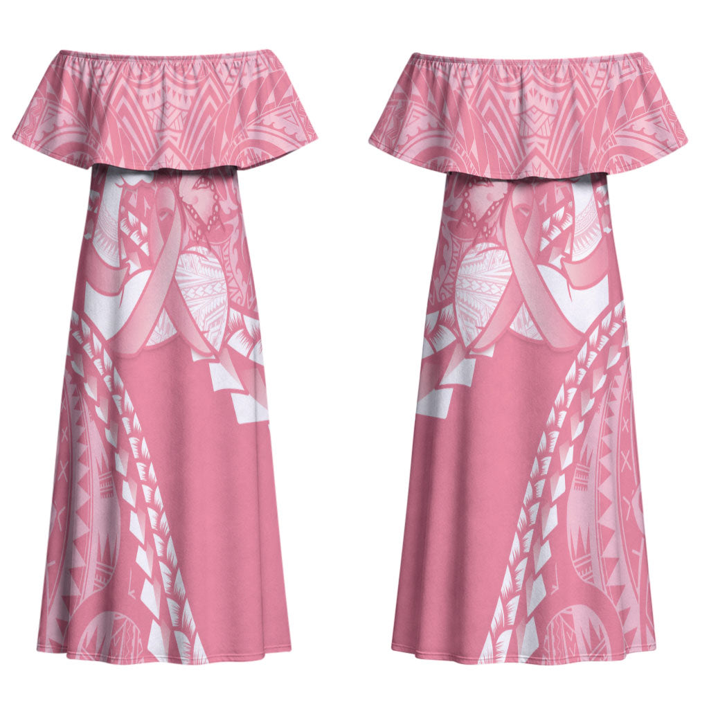 Personalised Polynesia Breast Cancer Awareness Couples Matching Off Shoulder Maxi Dress and Hawaiian Shirt Brave Strong Butterfly Pink Ribbon LT14 - Polynesian Pride