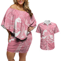 Personalised Polynesia Breast Cancer Awareness Couples Matching Off Shoulder Short Dress and Hawaiian Shirt Brave Strong Butterfly Pink Ribbon LT14 Pink - Polynesian Pride